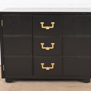 Henredon Mid-Century Hollywood Regency Black Lacquered Campaign Chest, Newly Refinished