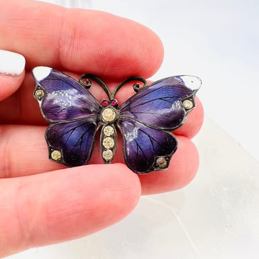Antique Butterfly Sterling Pin Brooch Rhinestones Enamel 