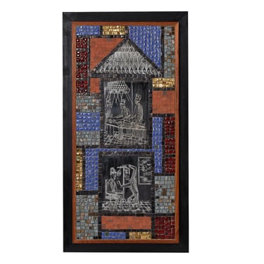 David Holleman Mid-Century Modern Mosaic Tile Art Panel with Sgraffito Illustrations 