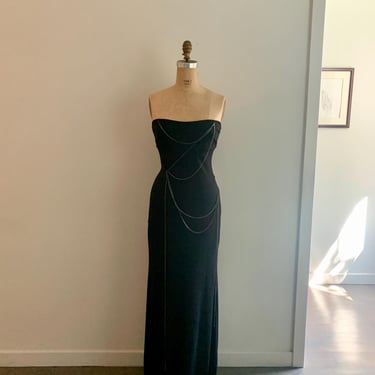 Nicole Miller NY Black long strapless evening dress with chain detail-size S/M (marked 10) 