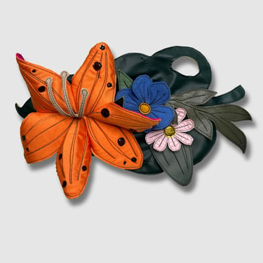 orange, pink, and blue florals + leaf brooch