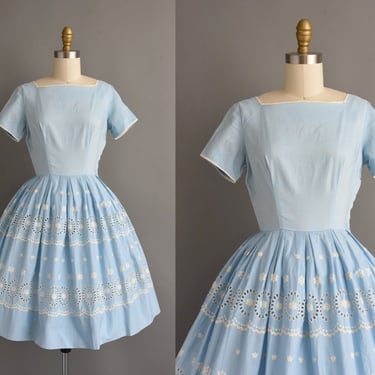 vintage 1950s dress | Betty Barlcay Blue Cotton Floral Eyelet Dress | XS | 50s dress 
