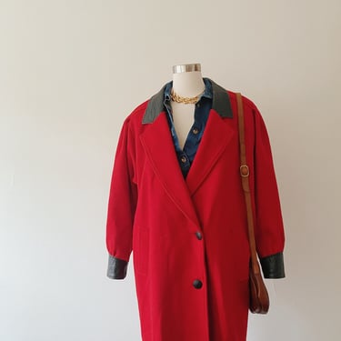 Vintage Red Overcoat with Snakeskin Trim | Size 15/16 