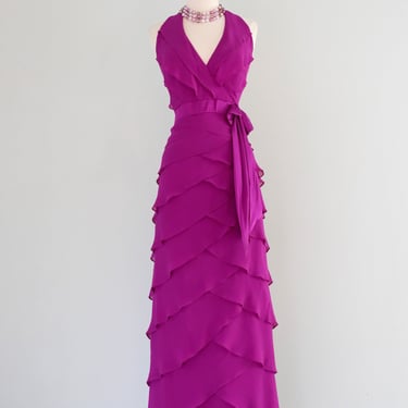 Fabulous 1990's Fuchsia Silk Chiffon Halter Dress By Tadashi / Sz L