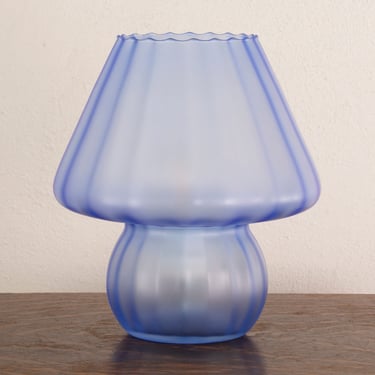 Mushroom lamp in frosted Murano glass ribbed in blue color height 29cm, Made in Italy table lamp design 