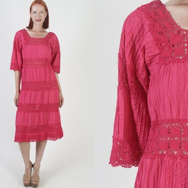 Bell Sleeve Mexican Dress, Crochet Lace Quinceanera, Pintuck Cotton Fiesta Sundress 