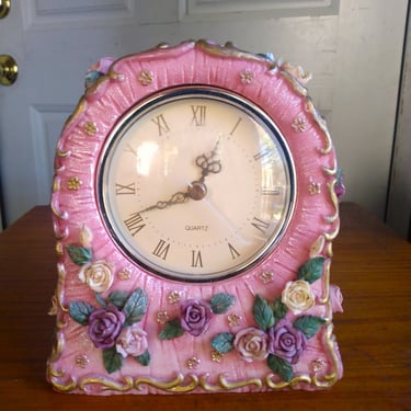 VINTAGE Pink Quartz Clock, Shabby Chic Style Desk Clock, Home Decor 