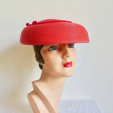 1950's Red Straw Mushroom Style Hat Velvet Bow Trim Retro 50's Spring Summer Millinery Rockabilly 