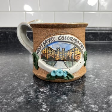 Vintage 1893 Hotel Colorado 1993 Stoneware Coffee Mug, Hand Made Ceramic Hand Carved Pottery Mug, Travel, Studio Pottery, historic Colorado 