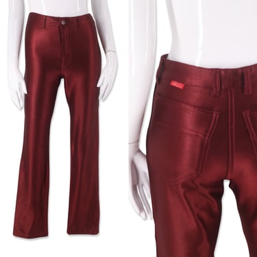 70s Chemin De Fer disco pants S, vintage 80s original spandex wine red pants, 1970s shiny skin tight leggings size 4-6 26" 