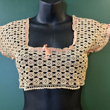 victorian lace corset cover ivory and pink ribbon crochet tank 