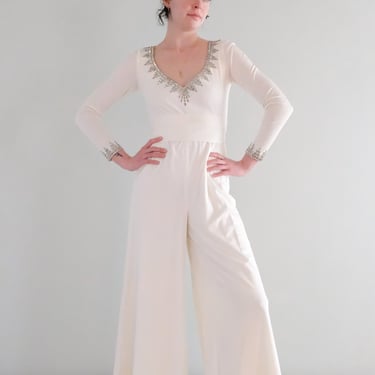 Ultra Glam 1970's White HOT Bridal Jumpsuit with Rhinestones / Sz S