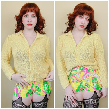 1980s Vintage Nordstrom Town Square Boucle Cardigan / 80s Cotton Blend Pastel Yellow Knit Sweater / Large 