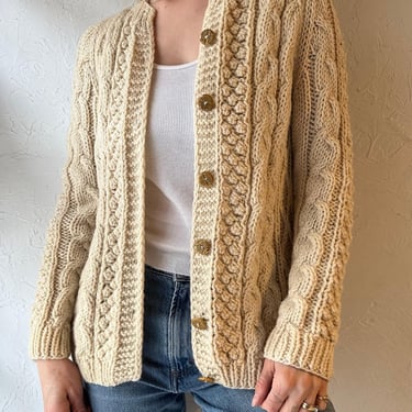 Cream Cable Knit Cardigan 70s Button Up Sweater Wool Blend Cream Cable Knit Cardigan 70s Button Up Sweater Wool Blend
