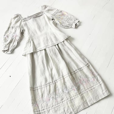 1970s Embroidered Grey Linen Cottage Two Piece 
