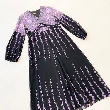 1970s Purple Floral Print Chiffon Dress 