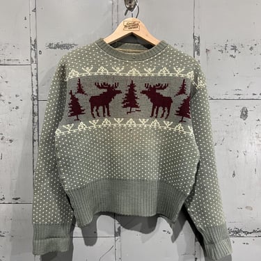 M 50s Sweater Ski pilgrim Wool Picture Knit moose Winter fair isle Birds Eye Christmas 