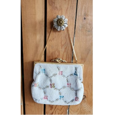 Vintage 50s Evening Bag White Beads Floral Embroidery Walborg 