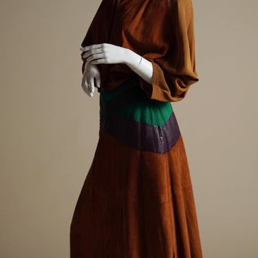 1980s Gianfranco Ferre suede and leather cognac brown matching set with dolman sleeve top and a-line skirt 