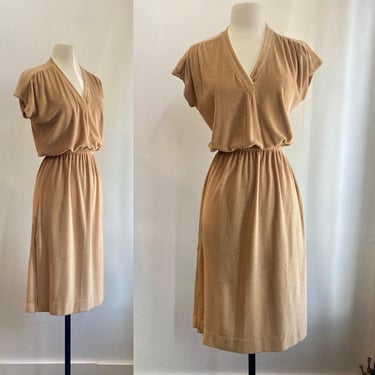 Vintage 80s Dress / Casual Soft TERRY VELOUR / Sand Color / Beach Cover-Up 