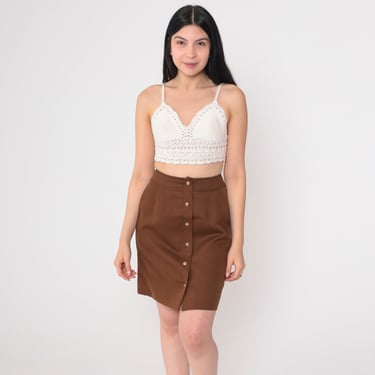 Brown Mini Skirt 80s Exposed Button Up Skirt High Waisted Pleated Retro Basic Plain Simple Minimalist Summer Vintage 1980s Extra Small xs 