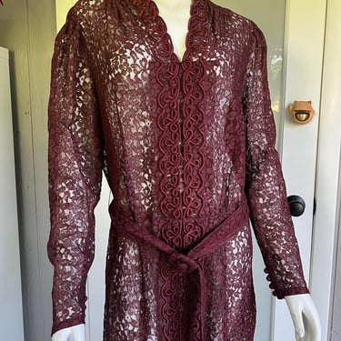 vintage 1930s burgundy lace belted dress w/ soutache trim XXL 