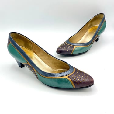 Vintage 1980s Multi-Color Leather Pumps with Metallic Studs, 80s Fall Color Block Heels, Size 7 A US 