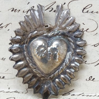 Antique Sterling Silver Ex Voto, Sacred Heart of Jesus, Vintage Religious Grace Received 