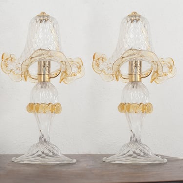 Set of 2 Clear Murano glass table lamp with artistic amber decoration, handmade Made in Italy, classic italian design 