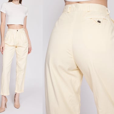 XS 80s Yellow Cotton High Waisted Pants Petite 24" | Vintage Pleated Tapered Leg Cuffed Trousers 