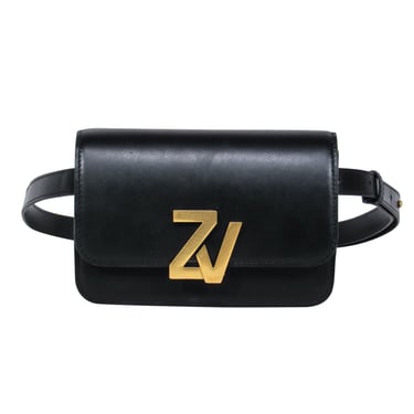 Zadig &amp; Voltaire - Black Leather Fold-Over Fanny Pack w/ Gold Logo Clasp