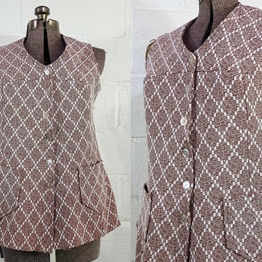 Vintage Vest Brown Button Up Tunic Length Sleeveless Ikat Design Shirt Minx TV Movie Costume 1970s Aesthetic Large Medium 