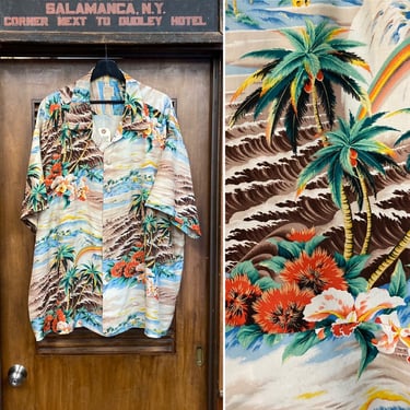 Vintage 1950’s Size 3XL “Pali” Tropical Island Rayon Tiki Matching Pockets Hawaiian Shirt, 50’s Loop Collar, Vintage Clothing 