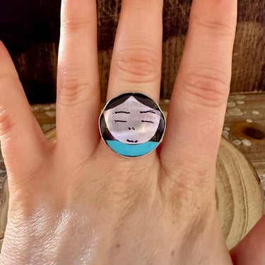 KAYLA KAAMASEE Multi Stone Inlay Face Zuni Ring | Silver Mother of Pearl Turquoise Jet | Native American Southwestern | Size 6 & 6 1/2 