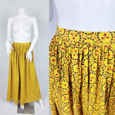 1970's Yellow Cotton Ditsy Print Floral Long Maxi Prairie Skirt I Sz Med I W: 28" 