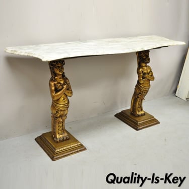 French Renaissance Victorian Style Gold Figural Console Table with Marble Top