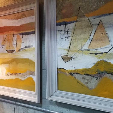Pair of 1970's Mixed Media Paintings Sailboats 