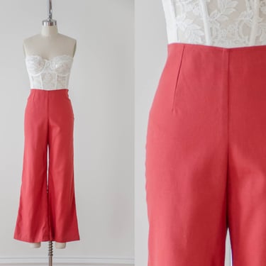 high waisted pants | 90s y2k vintage red linen dark academia wide leg cropped flare ankle trousers 