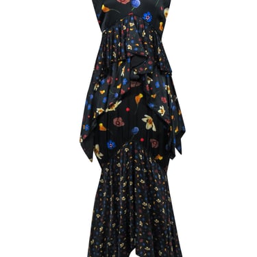 Solace London - Black & Floral Print Sleeveless Tiered Ruffle Maxi Dress Sz 10