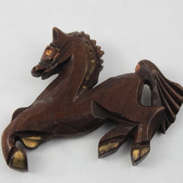 1940s Carved Wooden Horse Figural Brooch Pin 