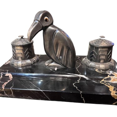 Art Deco Desk Set Ink Wells & Penguin Statue French