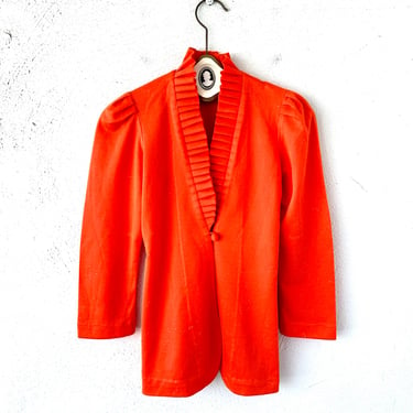 Vintage 70s Victorian Revival Orange Jacket Ruffle Collar Blazer Top Cardigan Shirt 