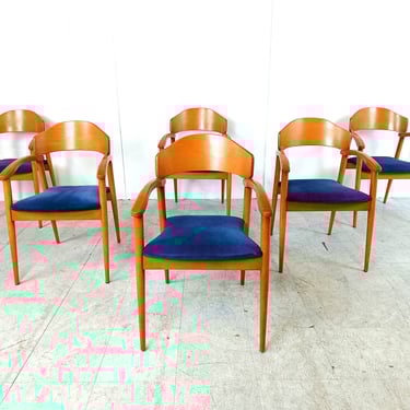 Vintage spanish wooden  armchairs, 1990s set of 6 - vintage design dining chairs - dining chairs with armrests - velvet chairs 