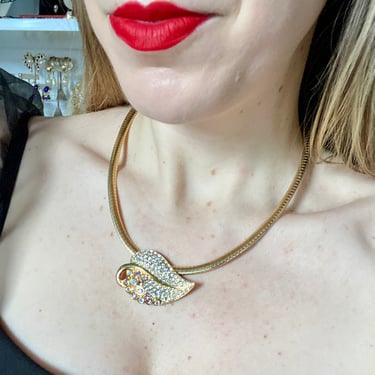 90s Designer Swarovski Pink Ombre Crystal Leaf Pendant Necklace