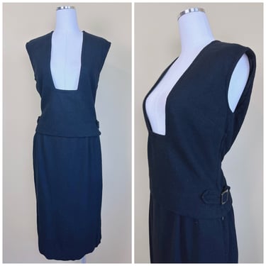 1960s Vintage Black Wool Vest and Pencil Skirt / 60s Bombshell Pinafore Top and Wiggle Skirt / Size Medium / Large 