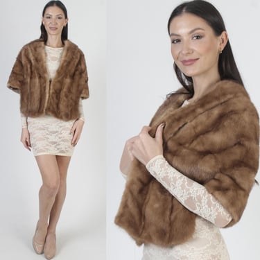 Authentic 60s Womens Real Brown Mink Fur Stole With Pockets 