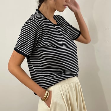 90s silk sweater tee / vintage lightweight silk knit black striped cropped short sleeve sweater T-shirt tee | Large 