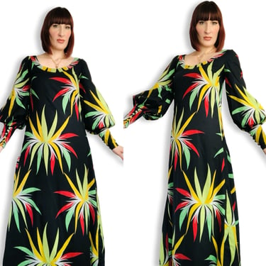 AMAZING Vintage 1970's ITALIAN Abstract Red Yellow Green Black Print Cotton Maxi Dress Gown w/ Leg O Mutton Bishop Sleeves - Small Medium 