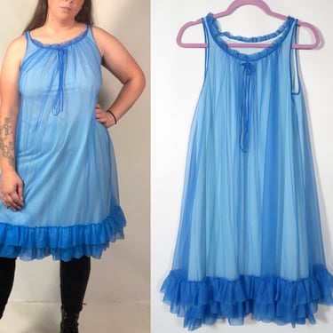 Vintage 60s Bright Blue Babydoll 3 Layer Ruffle Nightie By Miss Elaine Size L/XL 