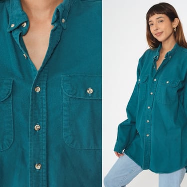 Teal Button Up Shirt 90s Cotton Oxford Shirt Long Sleeve Collared Shirt Plain Chest Pocket Casual Vintage 1990s Men's Tall Extra Large xl 